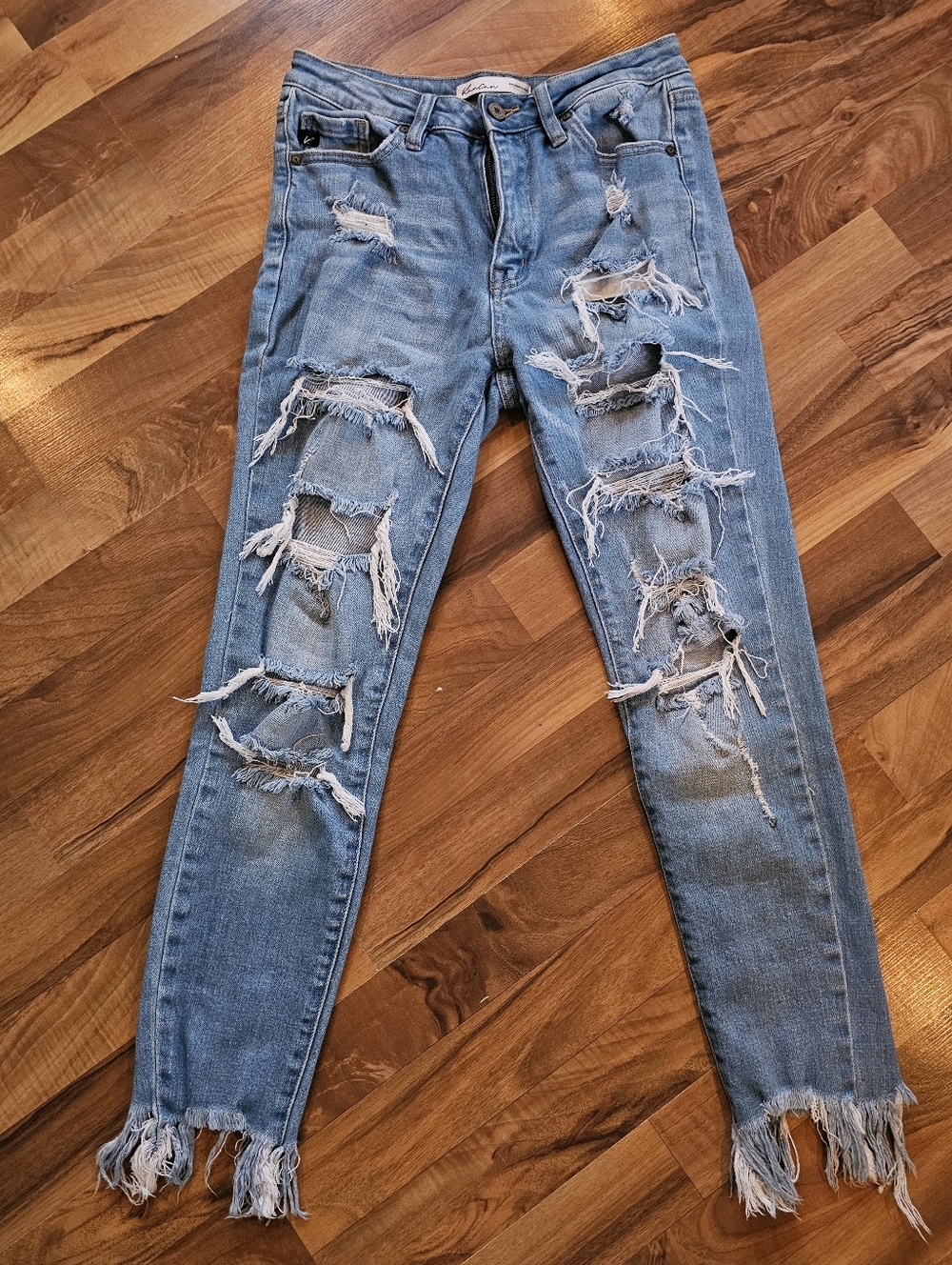 KanCan Light Blue Ripped Skinny Jeans with Frayed Ankles